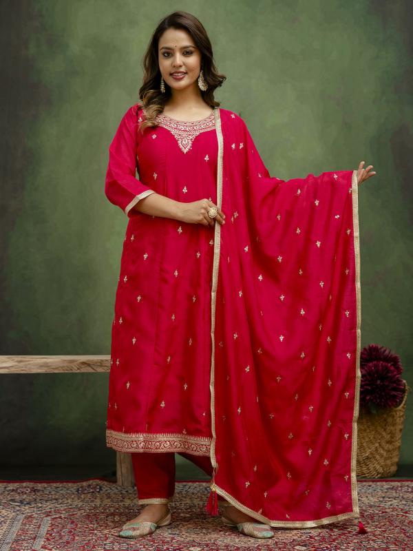 VP 9718 R Elegant Ready to Wear Anarkali Kurta Set in Soft Silk Blend with Embroidered Dupatta and Perfect Fit